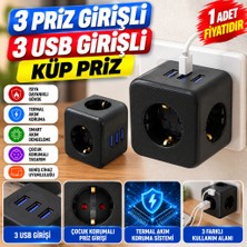 HemenGo Isıya Dayanıklı Termal Akım Korumalı ve Çocuk Korumalı 3 Priz Girişli 3 USB Girişli Küp Pr