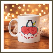 Northcity I Love You Berry Much Tasarımlı Kupa Model 12 Sevimli Kiraz Desenli Porselen Kahve Kupası - Hediye Fincanı Bx