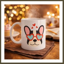 Northcity French Bulldog Desenli Kalpli Gözlüklü Porselen Kupa Model 50 – Sevimli Köpek Tasarımlı Kahve Kupası Bx