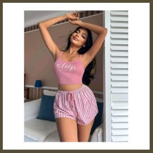 Northcity Kadın Pembe Çizgili Desen Askılı Şortlu Pijama Takım 5002 · Beden: S/m · Renk: Pembe Bx