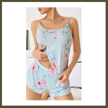 Northcity Kadın Bebek Mavisi Çiçek Desenli Askılı Şortlu Pijama Takım 5011 · Beden: S/m · Renk: Bebe Mavisi Bx