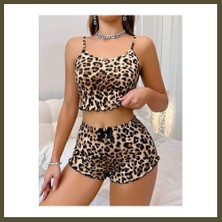 Northcity Kadın Leopar Desenli Askılı Şortlu Pijama Takımı 5239 · Beden: S/m · Renk: Kahverengi Bx