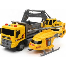 Tufy Toys Işıklı ve Sesli 1:20 Iş Makinesi ve Kurtarma Helikopteri 3'lü Oyuncak Araç Seti