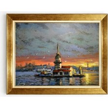  Giyense Tablo  Istanbul Kız Kulesi Manzaralı Yağlı Boya Görünümlü Altın Çerçeveli Kanvas Tablo