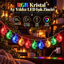CoverZone 10'lu Kristal Ay Yıldız Figürlü Rgb Renkli LED Işık Zinciri 3 Metre Usb'li Dekoratif Oda Aydınlatması, Yılbaşı Çam Ağacı ve Parti Süsü, N26031