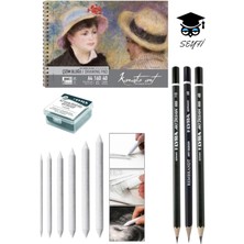 Kara Kalem Çizim Seti, A4 160 gr Eskiz Defteri, 3 Adet Kalem, 1 Adet Silgi, 6'li Pastel Dağıtıc�