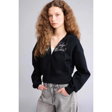Defacto H0168AXBK81 Siyah Kapüşonlu Baskılı Fermuarlı Sweatshirt