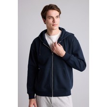 Defacto D7599AXNV64 Lacivert Relax Fit Kapüşonlu Içi Yumuşak Tüylü Kanguru Cepli Fermuarlı Sweatshirt