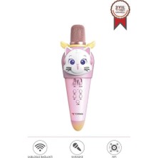 Rafta KIDMIC02 Pembe Kedi Figürlü Şarjlı Bt Karaoke Mikrofon ve Hoparlör 5W Kablosuz Mikrofon