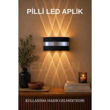 Tr Gümüş Detaylı Pilli LED Aplik, Kablosuz Modern Dekoratif Duvar Lambası, Çift Yönlü Aydınlatma, 18 x 9.5 cm