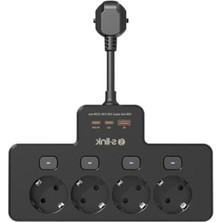 Vionna Siyah 4 Soketli Priz: 15CM, 1 USB ve 2 Type-C ile Akım Korumalı