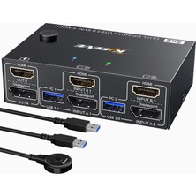 Mleeda Displayport + HDMI Kvm Switch 2 Pc 2 Monitör 4k@60 Hz, Mleeda Çift Monitör Kvm Switch, 4 USB 3.0 Port, 2 Pc Için 2 Monitör, Klavye, Fare ve Yazıcı Paylaşımı, Kablolu Kumanda, USB Kablo Dahil