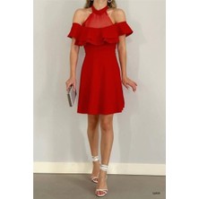 Northcity Tül Elbise Volanlı Mini Yaka Kayık Kumaş · Renk: Saks · Beden: M Bx