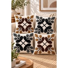 4'lü Set Çiçekli Dekoratif Kırlent Kılıfı 43X43 Cm, 3D Efektli Dijital Baskılı - Monokrom Y