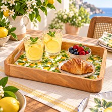 Odea Tr Mango Ağacı Dikdörtgen Servis Tepsisi, 33 x 22 x 4,70 cm Limon Desenli Ahşap Sunum Tepsisi, Yüksek Kenarlı Kahvaltı, Çay, Içecek ve Atıştırmalık Tepsisi