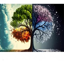 Elmas Boyama Seti - Dört Mevsim Ağacı *yuvarlak Akrilik Taşlar, Four Seasons Tree Dıy 30X40 cm