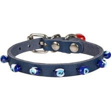Rafta Gerçek Deriden El Yapımı Boncuklu Kedi Boyun Tasması 1X18-22 Cm, Lacivert