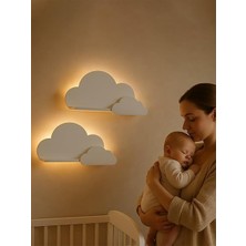 Rafta Bebek ve Çocuk Odası LED Aydınlatmalı Duvar Rafı Dekoratif Ahşap Raf - 2'li Işıklı Beyaz Bulut Raf Seti