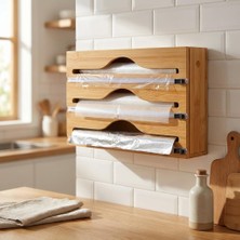 Rafta Tr 3 Bölmeli Doğal Bambu Folyoluk ve Streç Film Kesici Organizer - Sürgülü Bıçaklı Çekmece Içi Düzenleyici Pişirme Kağıdı ve Alüminyum Folyo Standı Mutfak Organizeri (35,5 x 22 x 7 Cm)