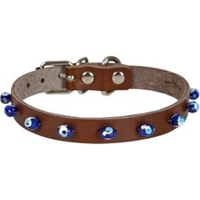 Rafta Gerçek Deriden El Yapımı Boncuklu Kedi Boyun Tasması 1,2X25-29 Cm, Kahverengi
