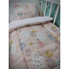 Rafta Tr Pamuklu Bebek/çocuk Uyku Seti 70X130 Cm, Somon Ay Bulut Pembe Yıldızlı