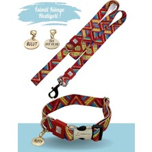 Rafta Tr Isimlikli - Köpek Tasma Seti - Boyun Tasması + Gezdirme Kayışı + Yumuşak Özel Kumaş Kırmızı-L