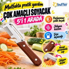 Sora Group® 5'i 1 Arada Çok Fonksiyonlu Sebze ve Patates Soyucu, Paslanmaz Çelik Bıçaklı, Ahşap Görü