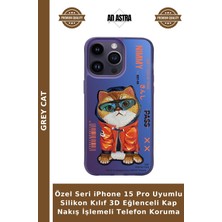Grey Cat Özel Seri iPhone 15 Pro Uyumlu Silikon Kılıf 3D Eğlenceli Kap Nakış Işlemeli Telefon Koruma