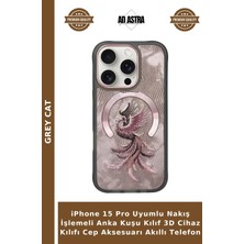 Grey Cat iPhone 15 Pro Uyumlu Nakış Işlemeli Anka Kuşu Kılıf 3D Cihaz Kılıfı Cep Aksesuarı Akıllı Telefon
