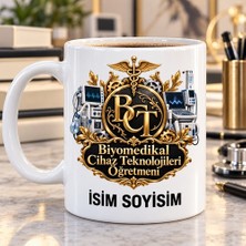 Kişiye Özel Biyomedikal Cihaz Teknolojileri Öğretmeni Siyah Altın Bc Monogram ve Tıp Sembolü Desenli Kupa Bardak