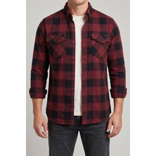 Souris Erkek Bordo-Siyah Slim Fit Ekose Oduncu Gömlek Ince Flanel Kapaklı Çift Cepli