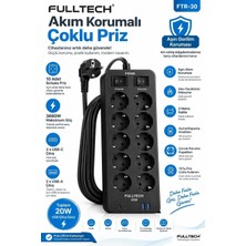 Ersert Ers Akım Korumalı 10’lu Çoklu Priz 3680W 20W Hızlı Şarj 2 Usb-C 2 Usb-A 2 Metre Kablolu Ftr-30