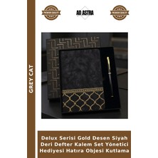 Grey Cat Delux Serisi Gold Desen Siyah Deri Defter Kalem Set Yönetici Hediyesi Hatıra Objesi Kutlama