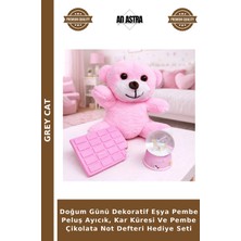 Grey Cat Doğum Günü Dekoratif Eşya Pembe Peluş Ayıcık, Kar Küresi ve Pembe Çikolata Not Defteri Hediye Seti