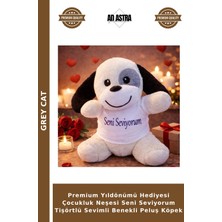 Grey Cat Premium Yıldönümü Hediyesi Çocukluk Neşesi Seni Seviyorum Tişörtlü Sevimli Benekli Peluş Köpek