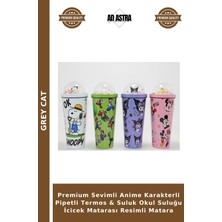 Grey Cat Premium Sevimli Anime Karakterli Pipetli Termos & Suluk Okul Suluğu Icicek Matarası Resimli Matara