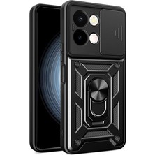 Vivo Y28 ile Uyumlu Kılıf Sürgülü Siyah Panther Yüzüklü Silikon Orijinal (Vivo Y28 ile Uyumlu, Sürgülü Siyah)