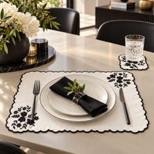 Lilies Atelier Siyah Çiçek Desenli Nakı Keten Sofra Takımı 2 Adet Amerikan Servis ve 2 Adet Kokteyl Peçetesi