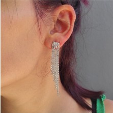 Mupte Jewelry Abiye Küpe Suylu Model 4 Kol Sallantılı Zirkon Taşlı 7 cm Gümüş Renk