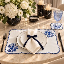 Lilies Atelier Mavi Çiçek Desenli Nakış Işi Keten Sofra Takımı 2 Adet Amerikan Servis ve 2 Adet Kokteyl Peçetesi