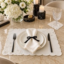 Lilies Atelier Beyaz Delik Işi Keten Sofra Takımı 2 Adet Amerikan Servis ve 2 Adet Kokteyl Peçetesi
