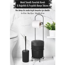 Marka Kolik Metal Standlı Yuvarlak Kovalı & Kağıtlıklı & Fırçalıklı Siyah Banyo Takımı