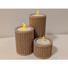 Marka Kolik 3D Baskı Rattan Görünümlü Tealight Mumluk Seti 3'lü Dekoratif Mum Tutucu