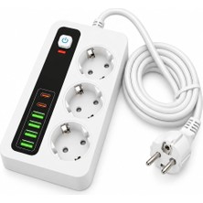 TemmuzX 3'lü Akım Korumalı Priz, 4 Usb-A ve 2 Type-C Çıkışlı Çoklu Priz, 3500W 16A, 2 Metre Kablolu, Açma Kapama Anahtarlı, Aşırı Yük Korumalı, Topraklı USB Ş