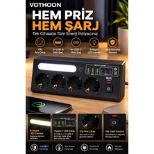 TemmuzX Çoklu Gece Lambalı Üçgen Priz Akım Korumalı 4'lü Priz 3xusb 3xtype-C Çıkışlı Grup Priz Siyah
