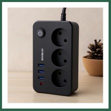 Vintessy Vıntessy Anahtarlı Termal Korumalı 3'lü Priz + 3xusb 2.1A 2m Uzatma Kablosu Siyah BZS01