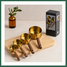 Vintessy Vıntessy 4'lü Ölçü Kaşık Seti (250/125/80/60 Ml) - Gold Metal Ahşap Saplı BZS01