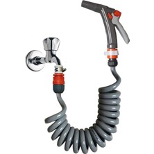 TemmuzX Spiral Sulama Yıkama Hortum Rekorlu ve Yeni Tetikli Uzun Başlıklı Set (Gri, 2 Metre)