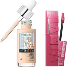 TemmuzX New York Super Stay Vinyl Ink Uzun Süre Kalıcı Likit Parlak Ruj 20 Coy & Super Stay Skin Tint Fondöten - 05.5 Makyaj Seti