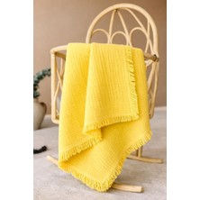 TemmuzX Organik Pamuklu 4 Kat Püsküllü Müslin Bebek Battaniyesi 100X115 cm - Sarı
